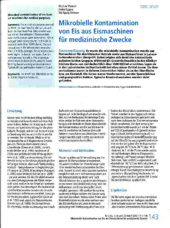 Vorschauseite 1: Mikrobielle Kontamination von Eis aus Eismaschinen für medizinische Zwecke