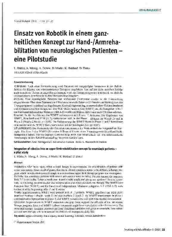 Vorschauseite 1: Einsatz von Robotik in einem ganzheitlichen Konzept zur Hand-/Armreha-bilitation von neurologischen Patienten -eine Pilotstudie