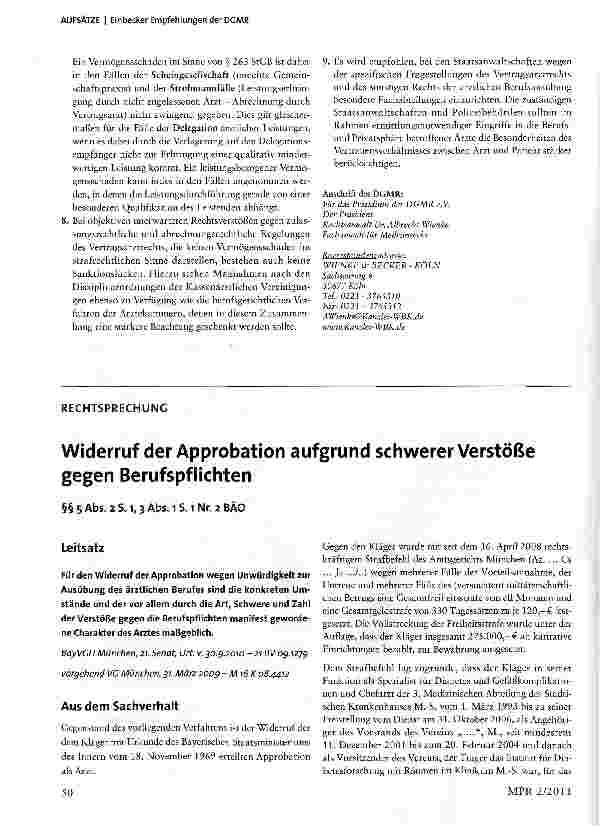 Vorschauseite 1: Widerruf der Approbation aufgrund schwerer Verstöße gegen Berufspflichten