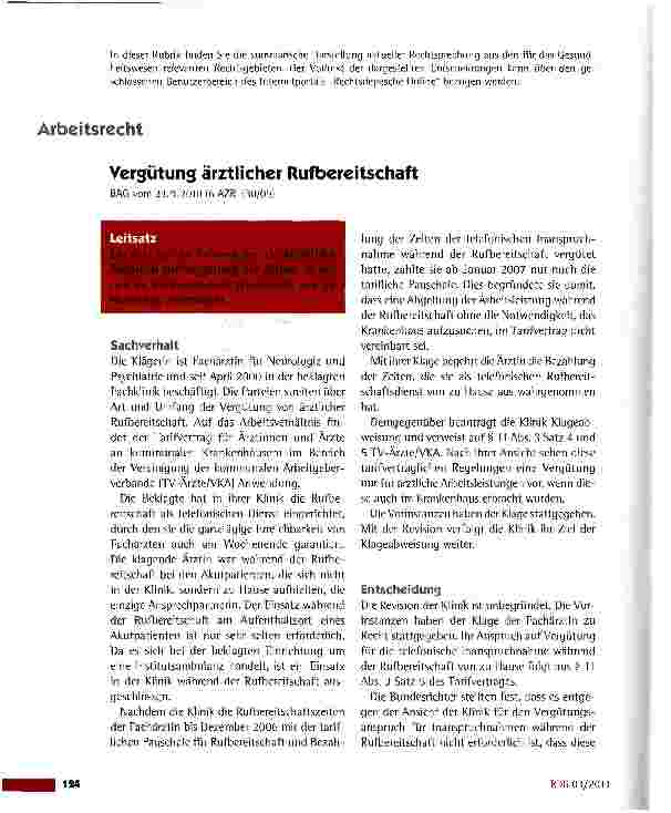 Vorschauseite 1: Vergütung ärztlicher Rufbereitschaft BAG vom 23.9.2010 (6 AZR 330/09}