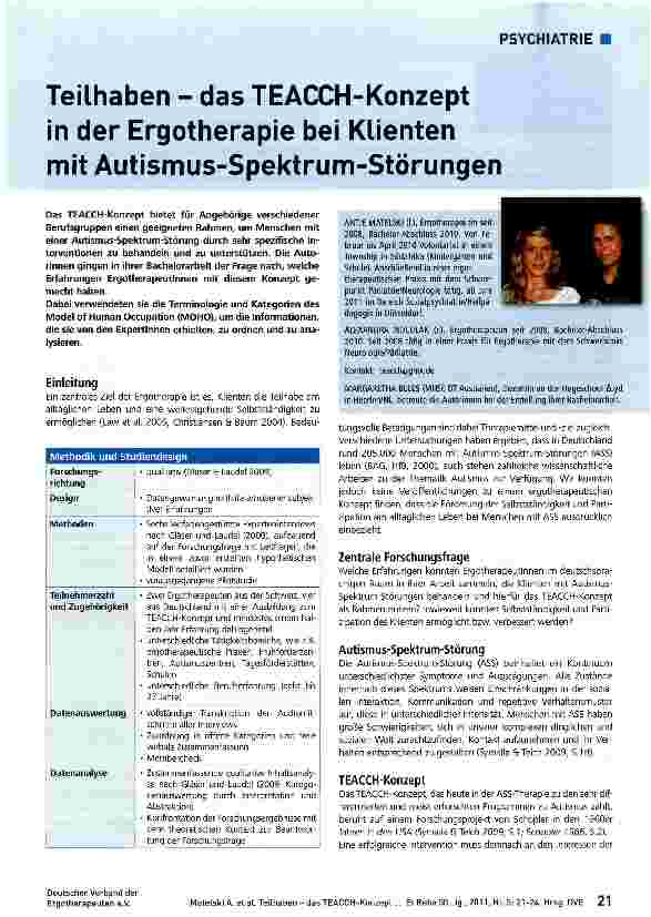 Vorschauseite 1: Teilhaben - das TEACCH-Konzept in der Ergotherapie bei Klienten mit Autismus-Spektrum-Störungen