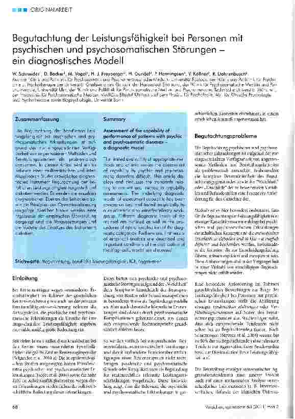 Vorschauseite 1: Begutachtung der Leistungsfähigkeit bei Personen mit psychischen und psychosomatischen Störungen -ein diagnostisches Modell