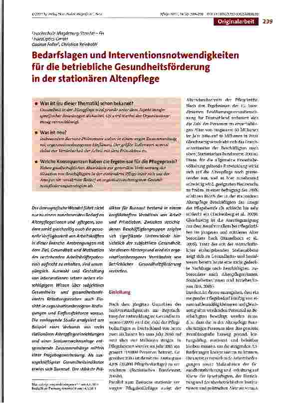 Vorschauseite 1: Bedarfslagen und Interventionsnotwendigkeiten für die betriebliche Gesundheitsförderung in der stationären Altenpflege