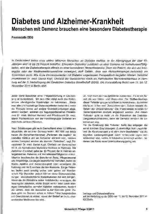 Vorschauseite 1: Diabetes und Alzheimer-KrankheitMenschen mit Demenz brauchen eine besondere Diabetestherapie