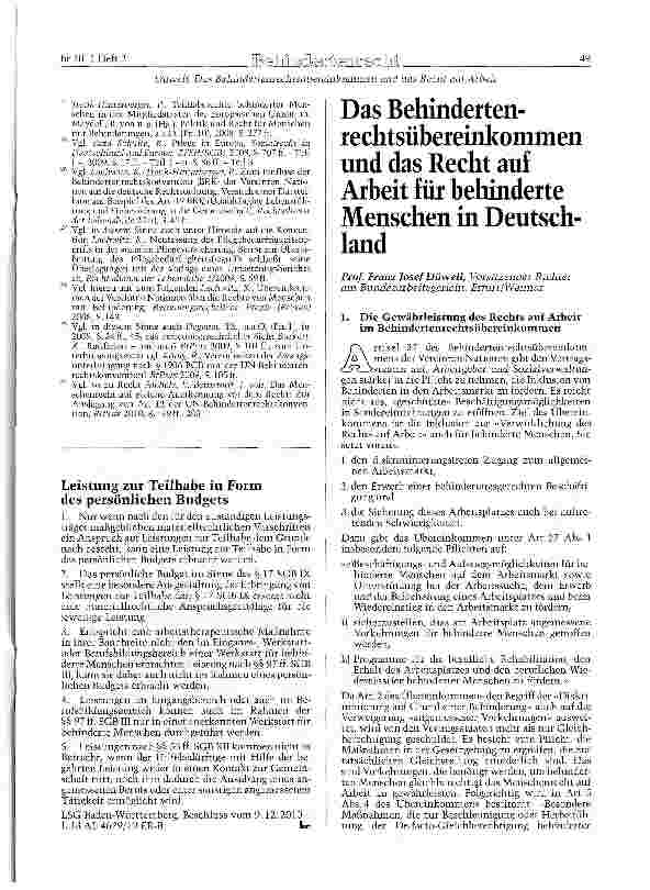 Vorschauseite 1: Das Behindertenrechtsübereinkommen und das Recht auf Arbeit für behinderte Menschen in Deutschland
