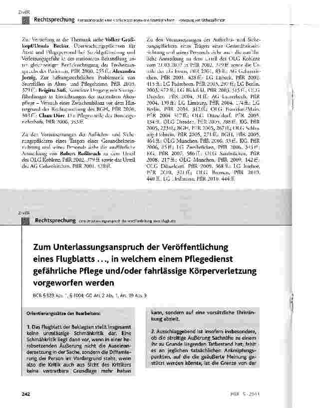 Vorschauseite 1: Zum Unterlassungsanspruch der Veröffentlichung eines Flugblatts ..., in welchem einem Pflegedienst gefährliche Pflege und/oder fahrlässige Körperverletzung vorgeworfen werden