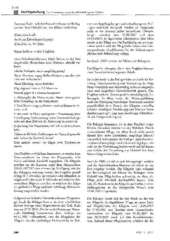 Vorschauseite 3: Zum Unterlassungsanspruch der Veröffentlichung eines Flugblatts ..., in welchem einem Pflegedienst gefährliche Pflege und/oder fahrlässige Körperverletzung vorgeworfen werden