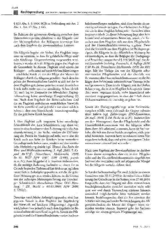 Vorschauseite 5: Zum Unterlassungsanspruch der Veröffentlichung eines Flugblatts ..., in welchem einem Pflegedienst gefährliche Pflege und/oder fahrlässige Körperverletzung vorgeworfen werden