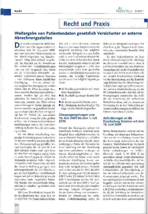 Vorschauseite 1: Weitergabe von Patientendaten gesetzlich Versicherter an externe Abrechnungsstellen