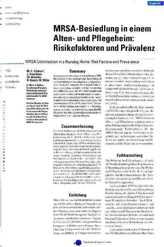 Vorschauseite 1: MRSA-Besiedlung in einem Altenund Pflegeheim Risikofaktoren und Prävalenz