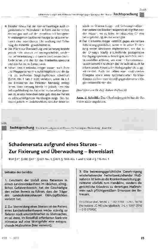 Vorschauseite 1: Schadenersatz aufgrund eines Sturzes -Zur Fixierung und Überwachung - BeweislastBGB §31, §280, §611, §823 Abs. 1, §831, § 1906 Abs. 1 und 4; SGB X § 116 Abs. 1