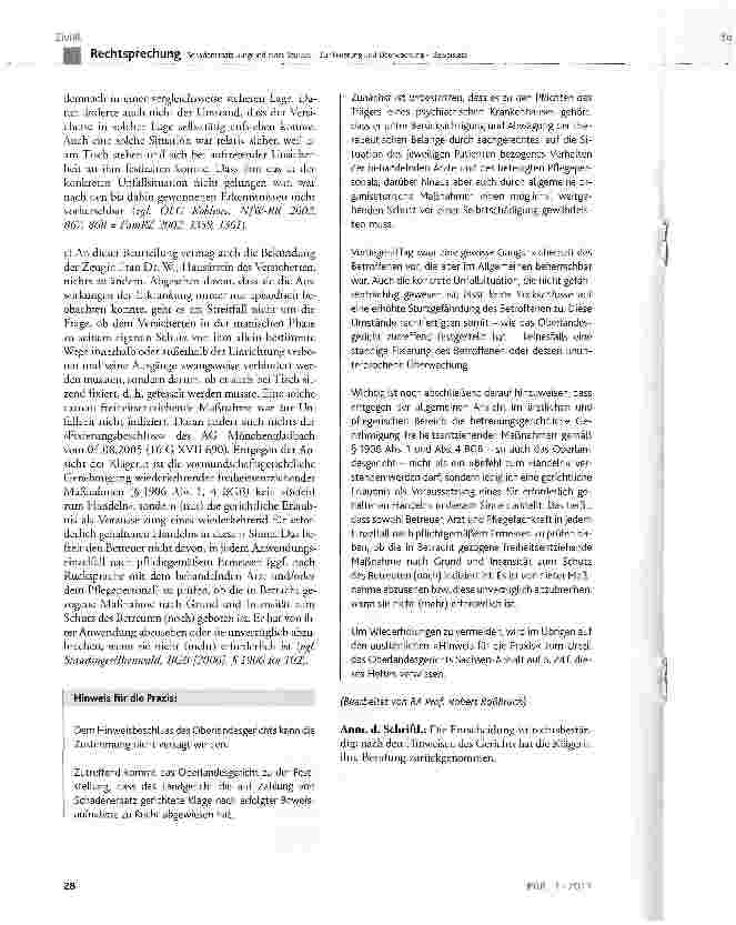Vorschauseite 4: Schadenersatz aufgrund eines Sturzes -Zur Fixierung und Überwachung - BeweislastBGB §31, §280, §611, §823 Abs. 1, §831, § 1906 Abs. 1 und 4; SGB X § 116 Abs. 1