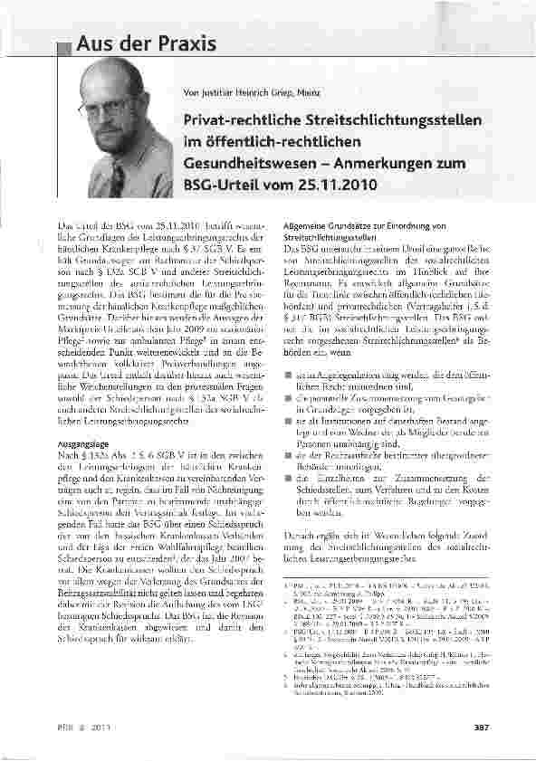 Vorschauseite 1: Privat-rechtliche Streitschlichtungsstellen im öffentlich-rechtlichen Gesundheitswesen - Anmerkungen zum BSG-Urteil vom 25.11.2010