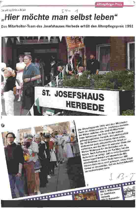 Vorschauseite 1: Hier möchte man selbt leben - Das Mitarbeiter-Team des Josefshauses Herbede erhält den Altenpflegepreis 1991