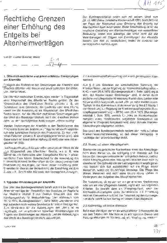 Vorschauseite 1: Rechtliche Grenzen einer Erhöhung des Entgelts bei Altenheimverträgen