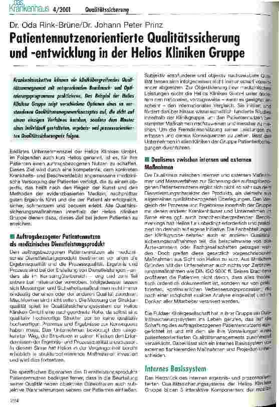 Vorschauseite 1: Patientennutzenorientierte Qualitätssicherung und -entwicklung in der Helios Kliniken Gruppe