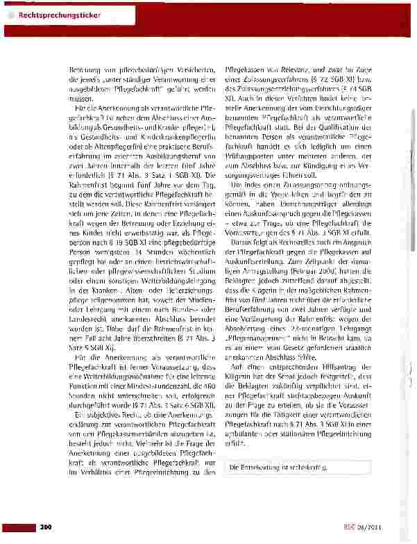 Vorschauseite 2: Anerkennung als verantwortliche Pflegefachkraft BSG vom 18.5.2011 (B 3 P 5/10 R)