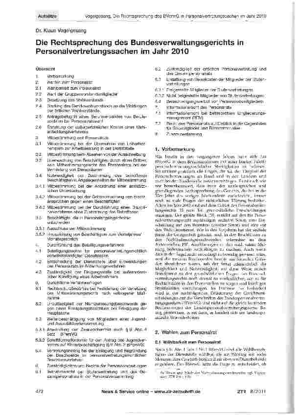 Vorschauseite 1: Die Rechtsprechung des Bundesverwaltungsgerichts in Personalvertretungssachen im Jahr 2010