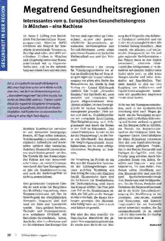Vorschauseite 1: Megatrend GesundheitsregionenInteressantes vom 9. Europäischen Gesundheitskongress in München - eine Nachlese