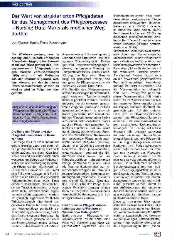 Vorschauseite 1: Der Wert von strukturierten Pflegedaten für das Management des Pflegeprozesses - Nursing Data Marts als möglicher Weg dorthin