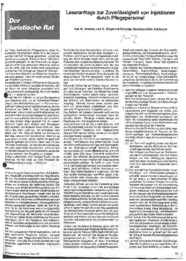 Vorschauseite 1: Leseranfrage zur Zuverlässigkeit von Injektionen durch Pflegepersonal