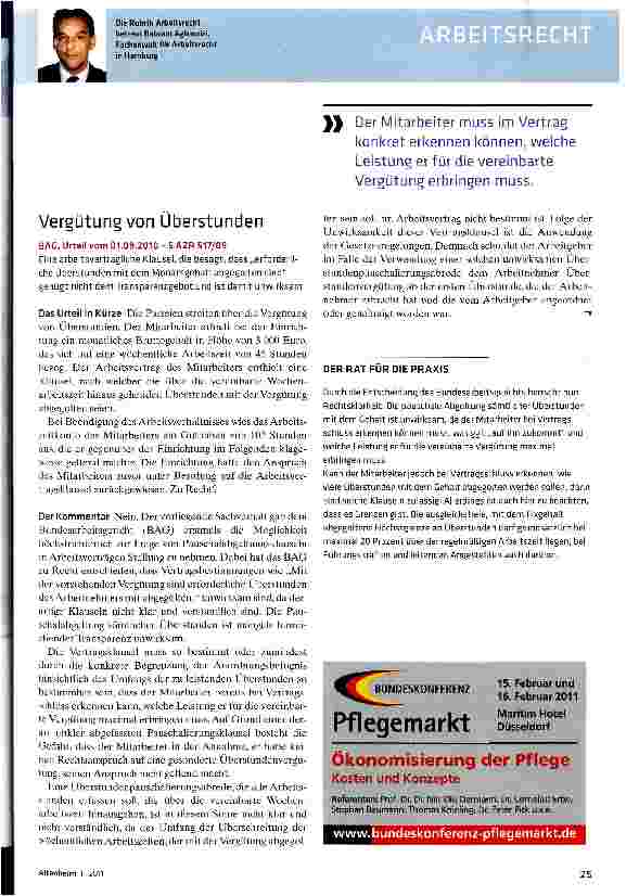Vorschauseite 1: Vergütung von ÜberstundenBAC, Urteil vom 01.09.2010 - 5 AZR 517/09