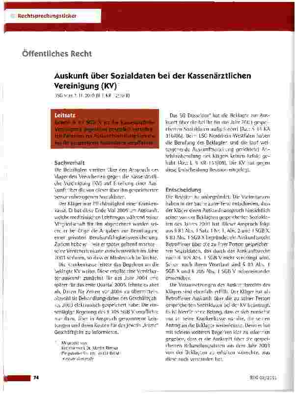 Vorschauseite 1: Auskunft über Sozialdaten bei der Kassenärztlichen Vereinigung (KV)BSGvom 2. 11. 2010 (B 1 KR 12/10 R)