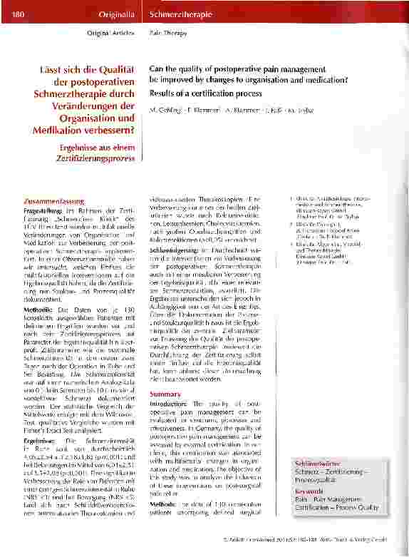 Vorschauseite 1: Lässt sich die Qualität der postoperativen Schmerztherapie durch Veränderungen derOrganisation und Medikation verbessern? Ergebnisse aus einem Zertifizierungsprozess