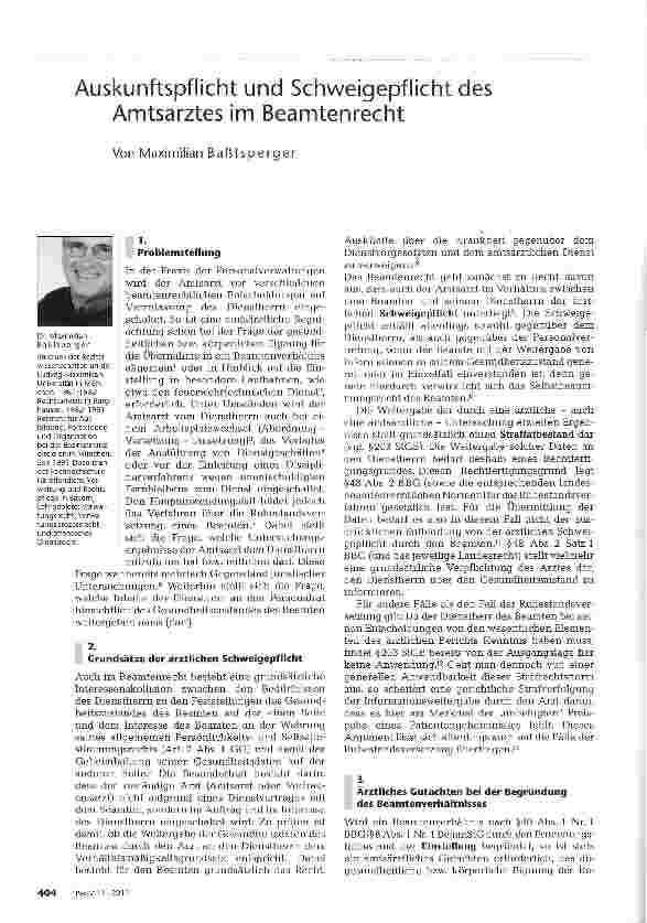 Vorschauseite 1: Auskunftspflicht und Schweigepflicht des Amtsarztes im Beamtenrecht