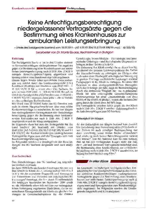 Vorschauseite 1: Keine Anfechtigungsberechtigung niedergelassener Vertragsärzte gegen die Bestimmung eines Krankenhauses zur ambulanten Leistungserbringung