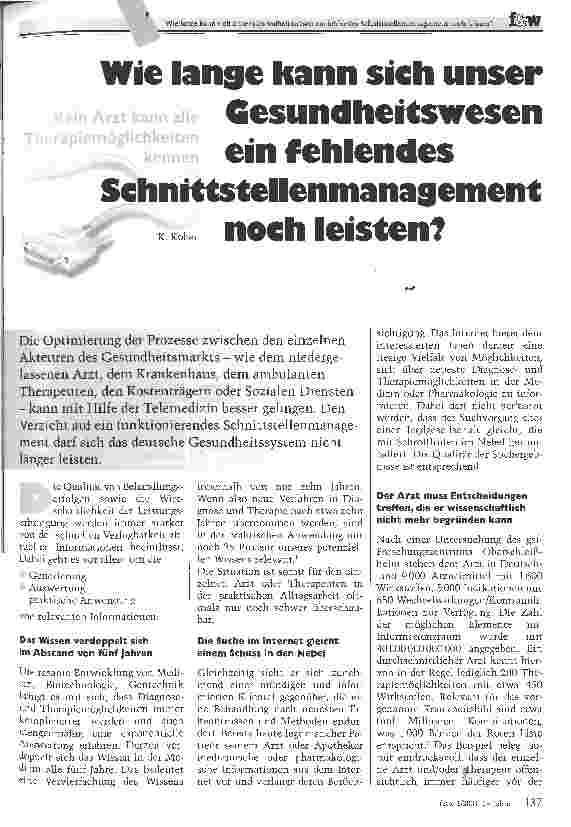 Vorschauseite 1: Wie lange kann sich unser Gesundheitswesen ein fehlendes Schnittstellenmanagement noch leisten Kein Arzt kann alle Therapiemöglichkeiten kennen