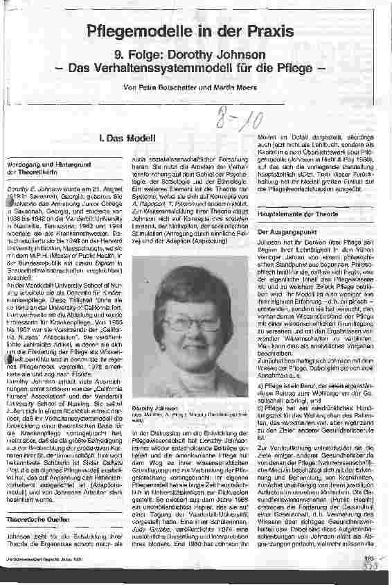 Vorschauseite 1: Pflegemodelle in der Praxis - 9. Folge: Dorothy Johnson Das Verhaltenssystemmodell für die Pflege