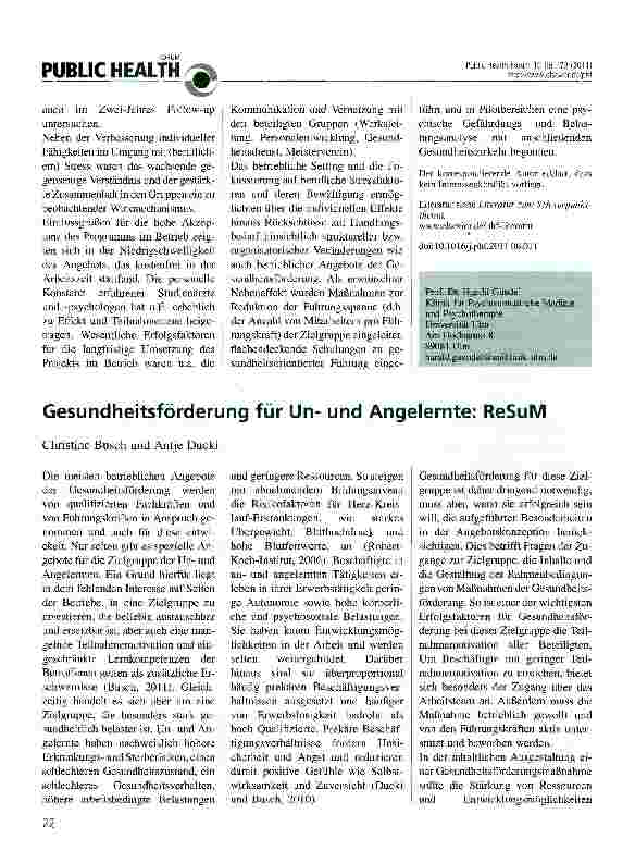 Vorschauseite 1: Gesundheitsförderung für Unund Angelernte: ReSuM