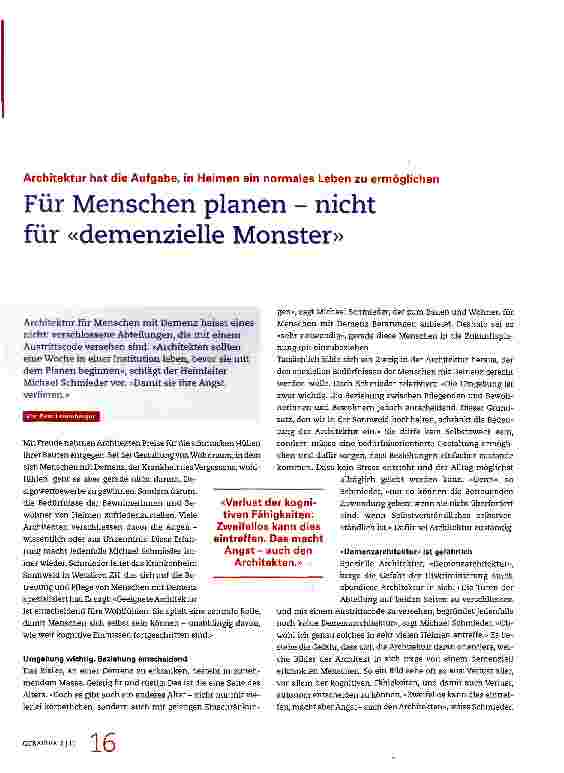 Vorschauseite 1: Für Menschen planen - nicht für «demenzielle Monster»