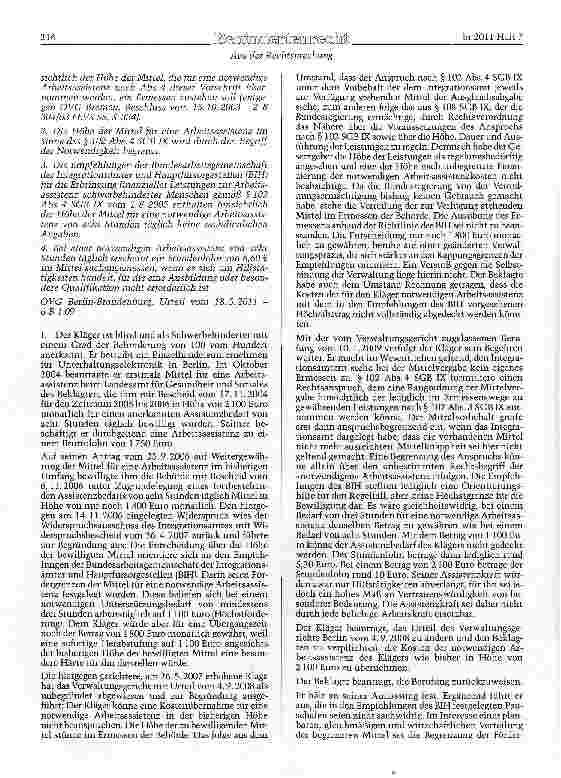 Vorschauseite 2: SGB IX §§ 102 Abs. 3 und 4, 108; SchwbAV§17 Abs.laKostenübernahme für eine notwendige Arbeitsassistenz für einen blinden Beschäftigten - Höhe des Anspruchs - Ermessen des Integrat…