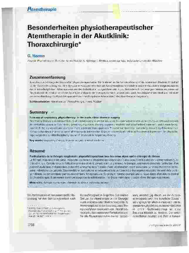 Vorschauseite 1: Besonderheiten physiotherapeutischer Atemtherapie in der Akutklinik: Thoraxchirurgie