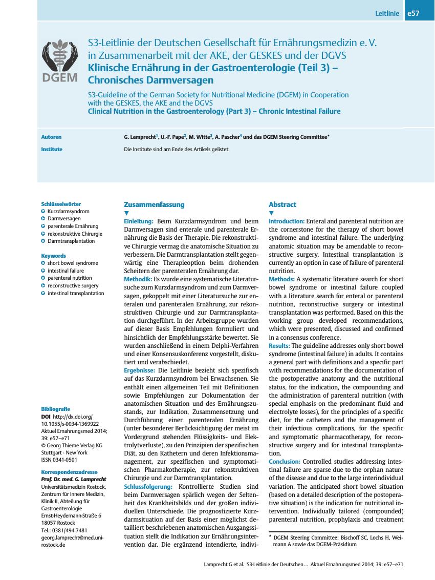 Vorschauseite 1: S3-Leitlinie der Deutschen Gesellschaft für Ernährungsmedizin e. V. in Zusammenarbeit mit der AKE, der GESKES und der DGVS