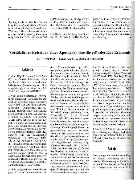 Vorschauseite 1: Vorsätzliches Betreiben einer Apotheke ohne die erforderliche Erlaubnis LG Bielefeld, Urteil vom 25. April 2002