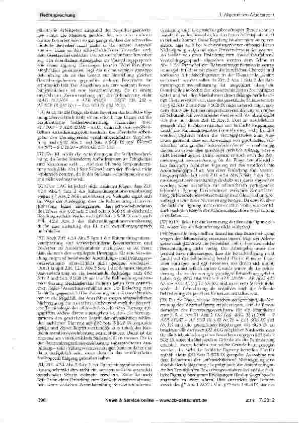 Vorschauseite 5: Entschädigungsanspruch eines schwerbehinderten Bewerbers - öffentlicher Arbeitgeber GG Art. 33 Abs. 2; AGG §§1, 3, 6, 7, 15, 22; BGB §§126, 126b; SGB IX §§2, 81, 82, 83, 122; ZPO…