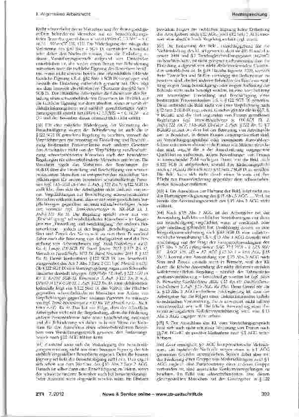 Vorschauseite 6: Entschädigungsanspruch eines schwerbehinderten Bewerbers - öffentlicher Arbeitgeber GG Art. 33 Abs. 2; AGG §§1, 3, 6, 7, 15, 22; BGB §§126, 126b; SGB IX §§2, 81, 82, 83, 122; ZPO…
