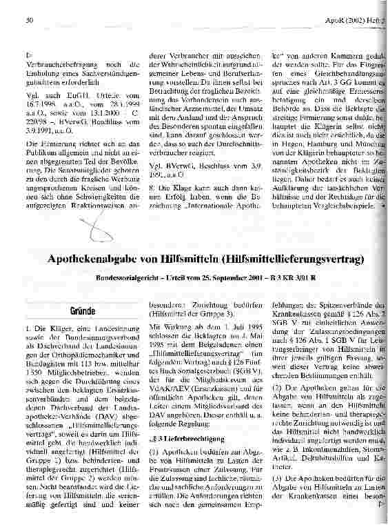 Vorschauseite 1: Apothekenabgabe von Hilfsmitteln (Hilfsmittellieferungsvertrag) Bundessozialgericht - Urteil vom 25. September 2001