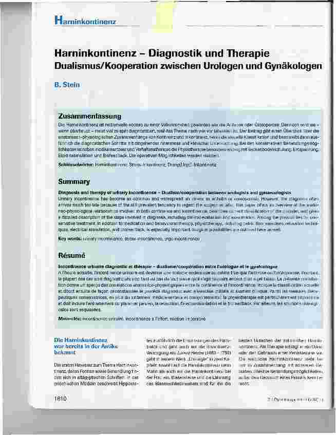 Vorschauseite 1: Harninkontinenz - Diagnostik und Therapie Dualismus/Kooperation zwischen Urologen und Gynäkologen