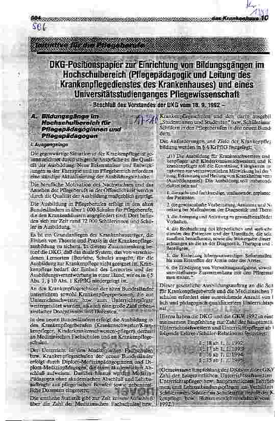 Vorschauseite 1: DKG-Positionspapier zur Einrichtung von Bildungsgängen im Hochschulbereich (Pflegepädagogik und Leitung des Krankenpflegedienstes. .. .