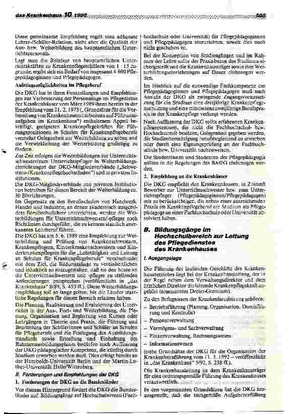 Vorschauseite 2: DKG-Positionspapier zur Einrichtung von Bildungsgängen im Hochschulbereich (Pflegepädagogik und Leitung des Krankenpflegedienstes. .. .
