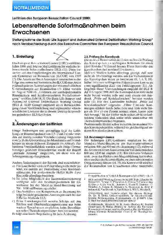 Vorschauseite 1: Lebensrettende Sofortmaßnahmen beim Erwachsenen Leitlinien des European Resuscitation Council 2000