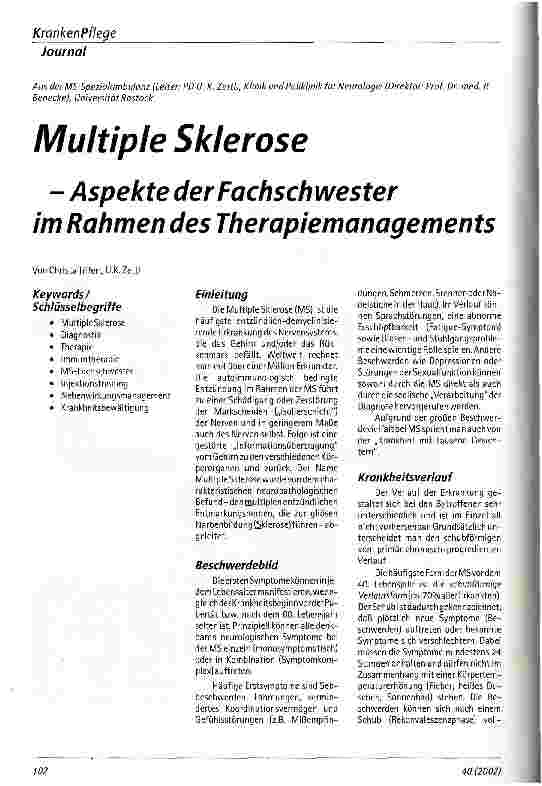 Vorschauseite 1: Multiple Sklerose Aspekte der Fachschwester im Rahmen des Therapiemanagements
