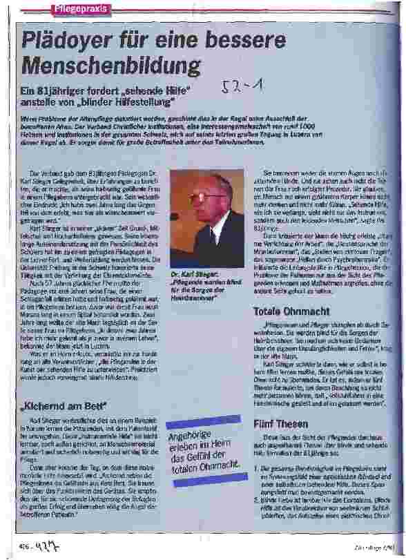 Vorschauseite 1: Plädoyer für eine bessere Menschenbildung Ein 81jähriger fordert sehende Hilfe anstelle von ..