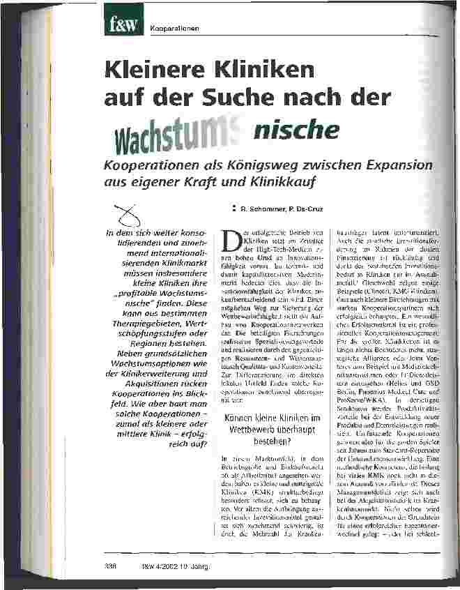 Vorschauseite 1: Kleinere Kliniken auf der Suche nach der Wachstumsnische Kooperationen als Königsweg zwischen Expansion aus eigener Kraft und Klinikkauf