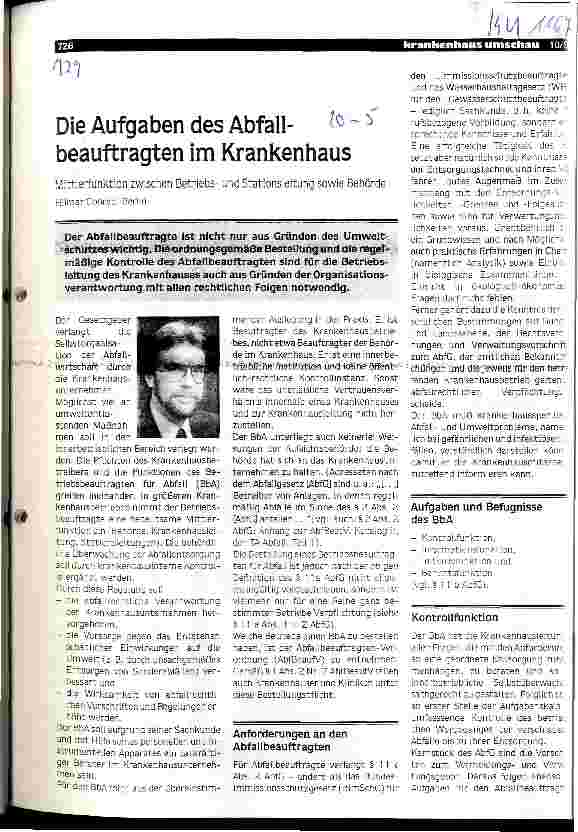 Vorschauseite 1: Die Aufgaben des Abfallbeauftragten im Krankenhaus Mittlerfunktion zwischen Betriebsund Stationsleitung sowie Behörde