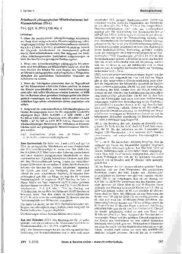 Vorschauseite 1: Arbeitszeit pädagogischer Mitarbeiterinnen bei Klassenfahrten (TV-L) TV-L §§ 8, 9; ZPO § 138 Abs. 4
